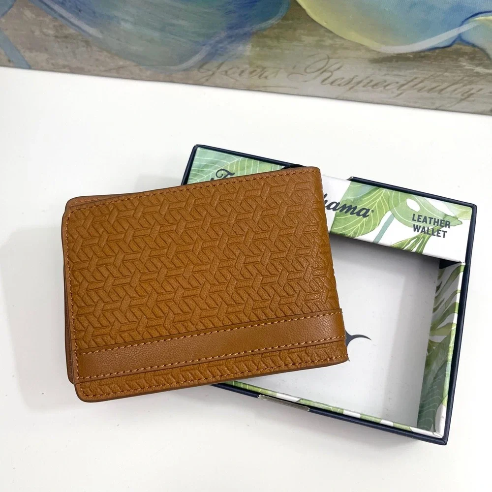 Tommy‎ Bahama Mens Tan Leather Geometric Embossed BiFold Wallet With Box
